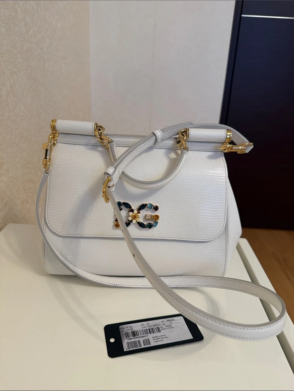 Dolce & Gabbana White Textured Satchel with Jeweled DG Logo